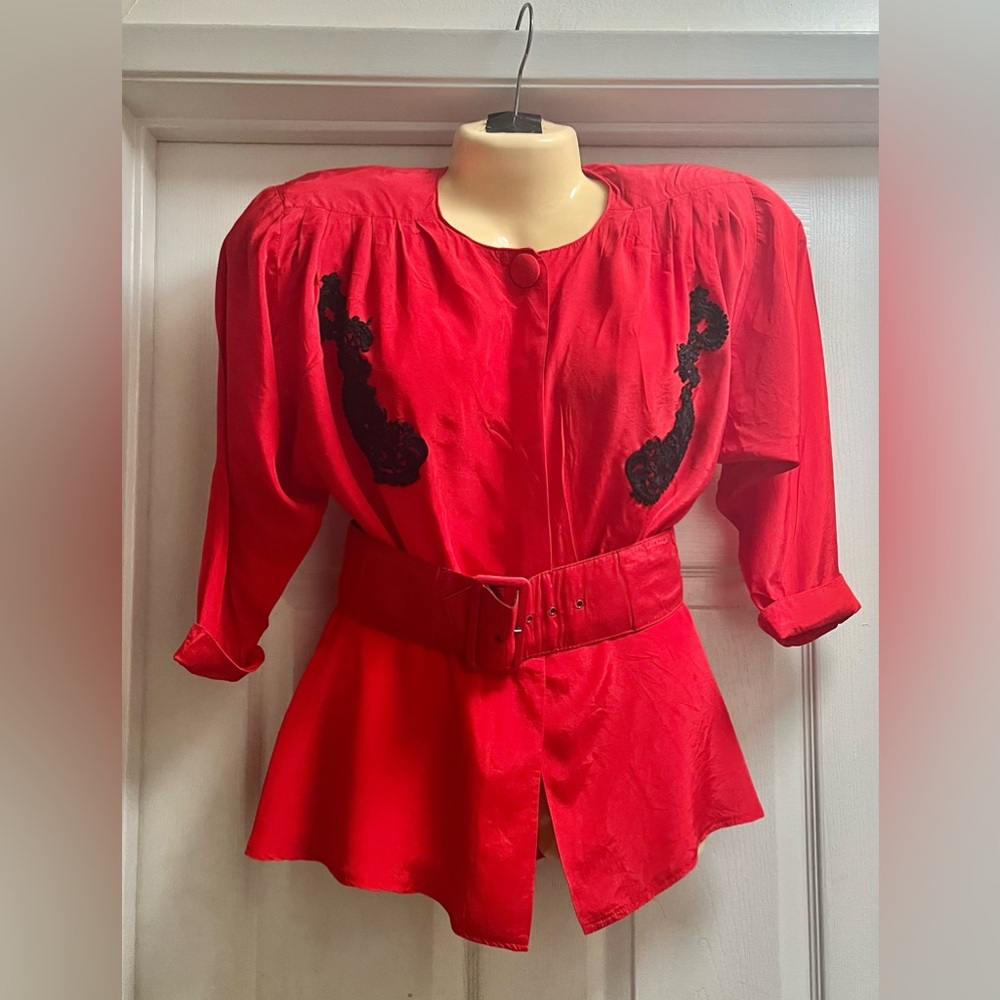 Vintage ‘80’s Scarlett Womens Top Blouse Red Satin Peplum W/belt, Size 3-4